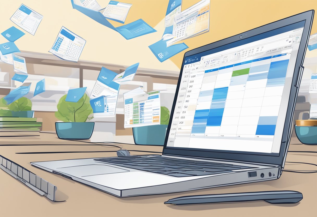An open laptop displaying an Outlook calendar, with a mouse hovering over the "Teams" link in an invite. The cursor is clicking on the link to remove it