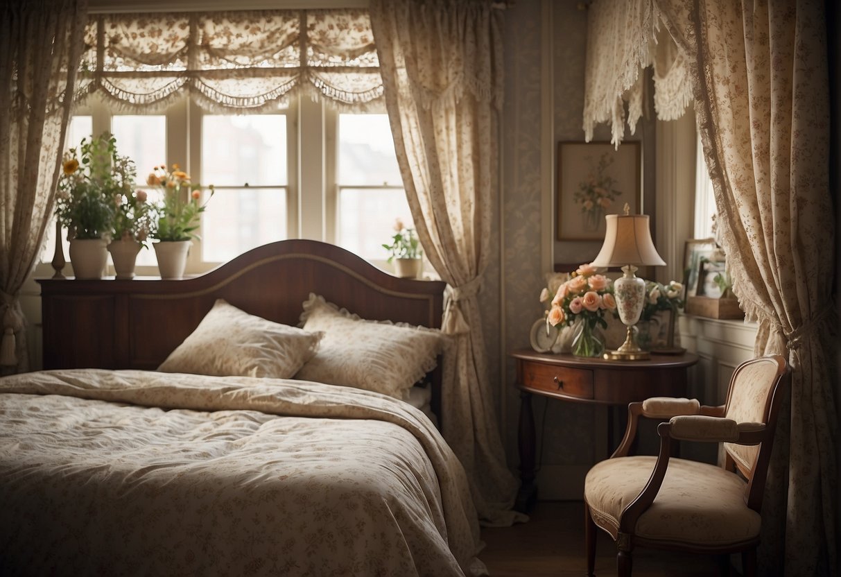 A cozy vintage bedroom with floral wallpaper, lace curtains, and a four-poster bed adorned with a quilt and antique lamps