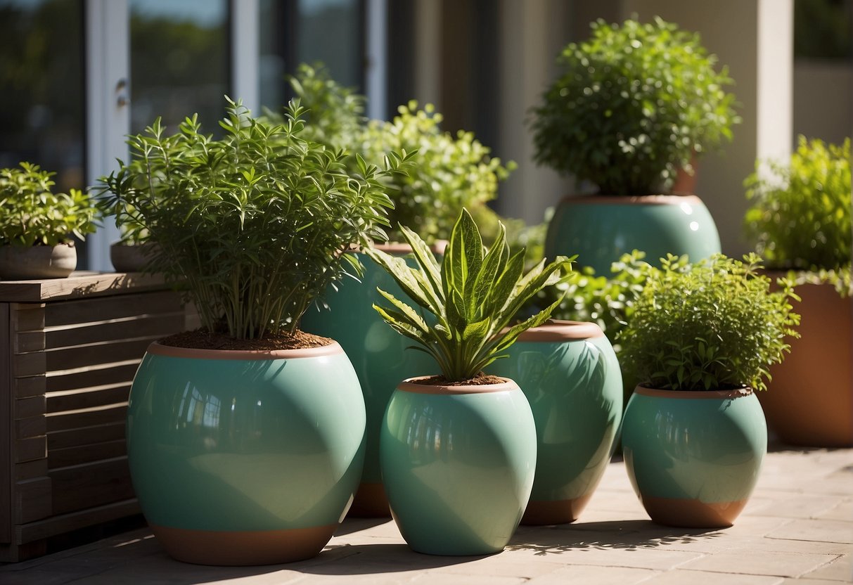 Several large ceramic pots filled with vibrant green plants sit on a sunny patio. The pots vary in size and shape, adding visual interest to the space