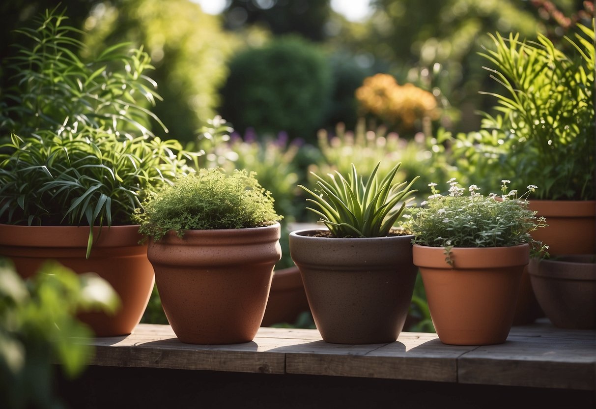 A lush garden with large ceramic pots filled with vibrant plants, basking in the sunlight, showcasing the benefits of using these pots for plant growth