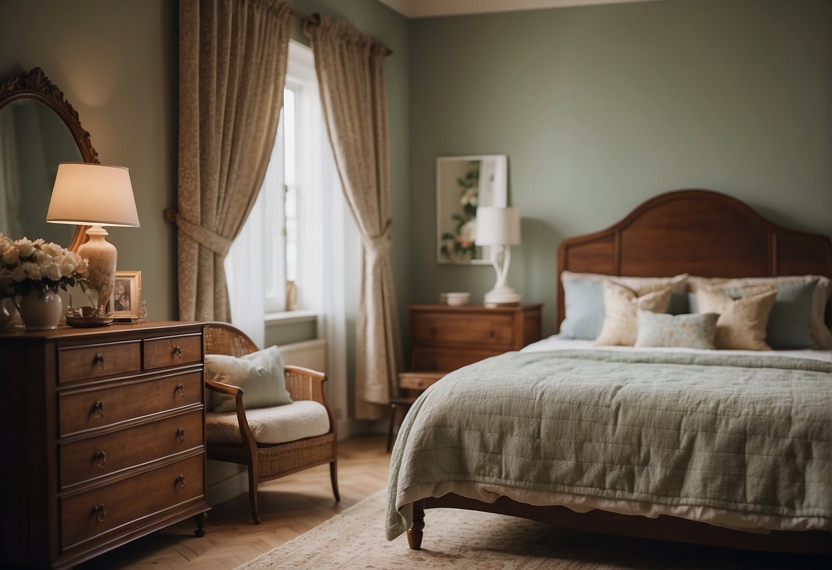 A cozy vintage bedroom with a classic wooden bed, a vanity table with a mirror, a plush armchair, and a decorative dresser