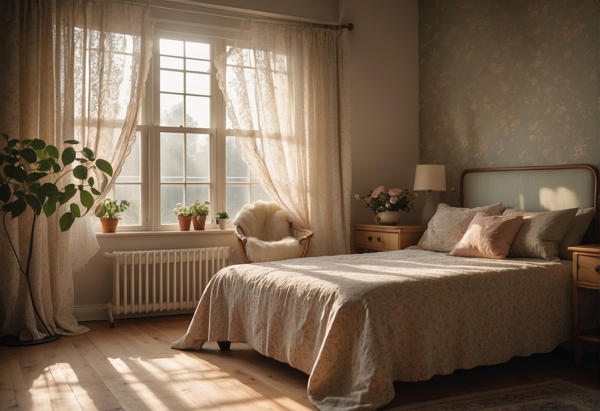 A cozy vintage bedroom with muted pastel color scheme, floral wallpaper, and antique furniture. Sunlight streams through lace curtains onto a floral-patterned rug