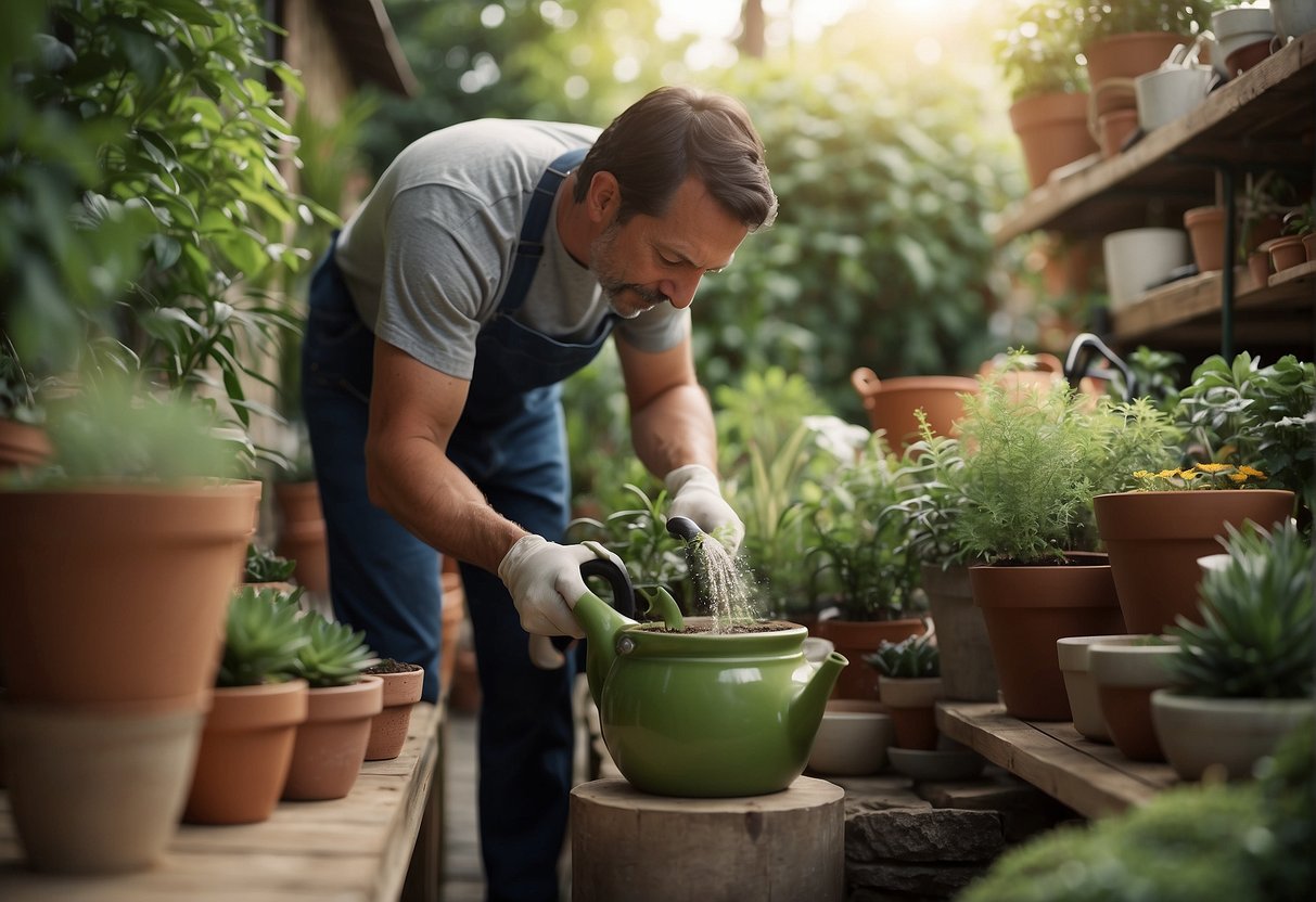 A person wiping down and inspecting large ceramic pots filled with plants. Watering can and gardening tools nearby