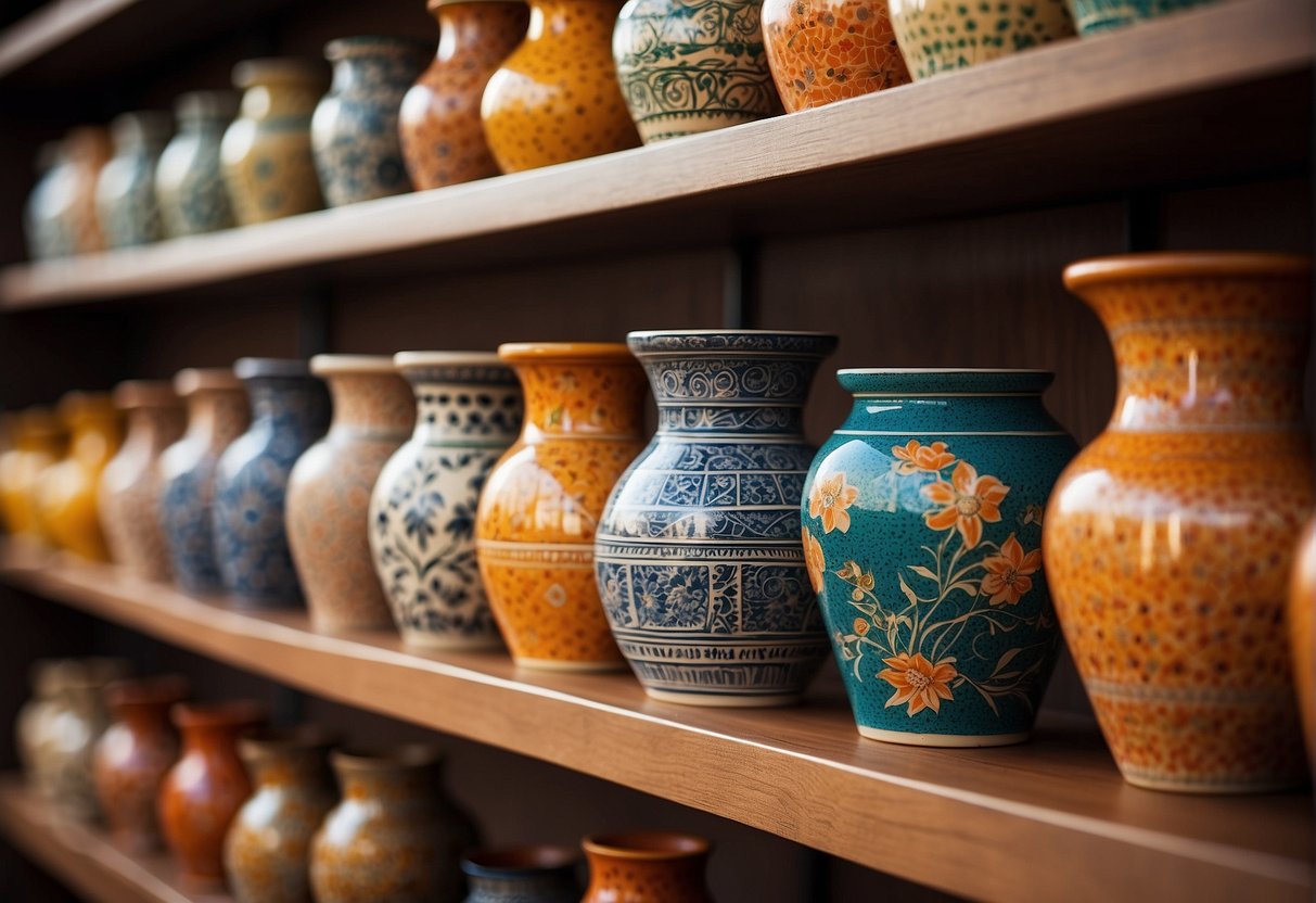 Colorful ceramic pots arranged on a sunlit shelf, each adorned with intricate geometric patterns and floral designs