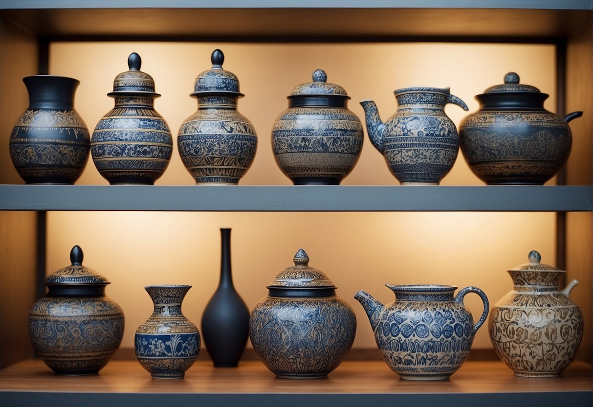 Various ceramic pot designs arranged on a wooden shelf, including geometric patterns, floral motifs, and intricate textures