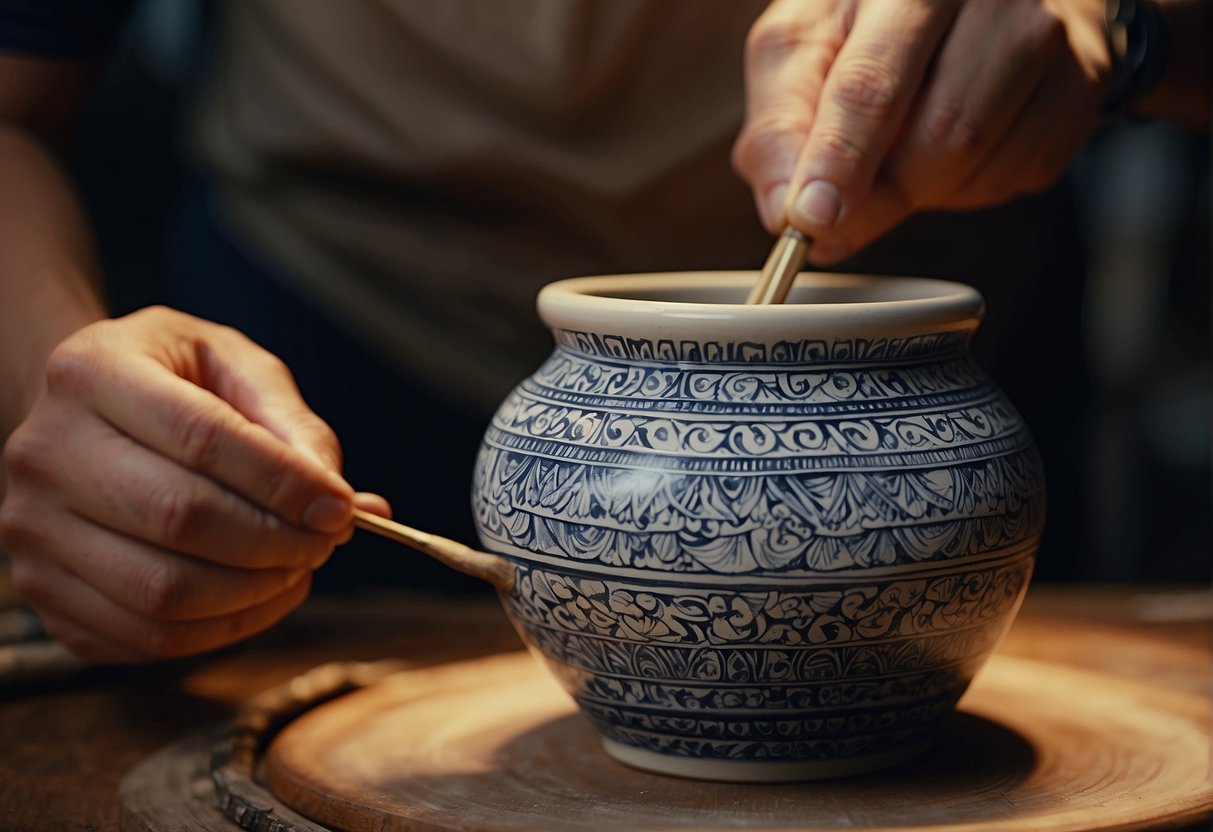 A potter expertly paints intricate designs onto a ceramic pot using fine brushes and vibrant glazes