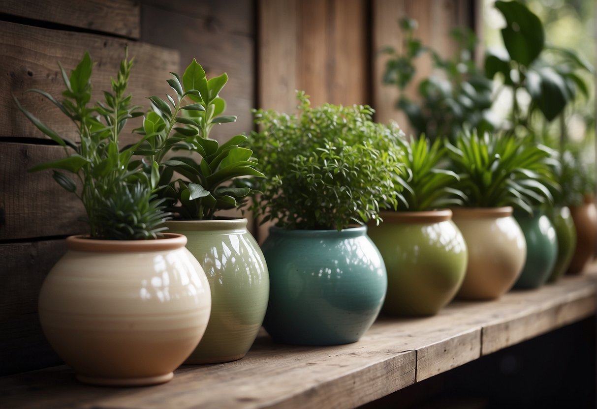 Several large ceramic pots arranged in a row on a rustic wooden shelf. Each pot has a unique design and is filled with vibrant green plants