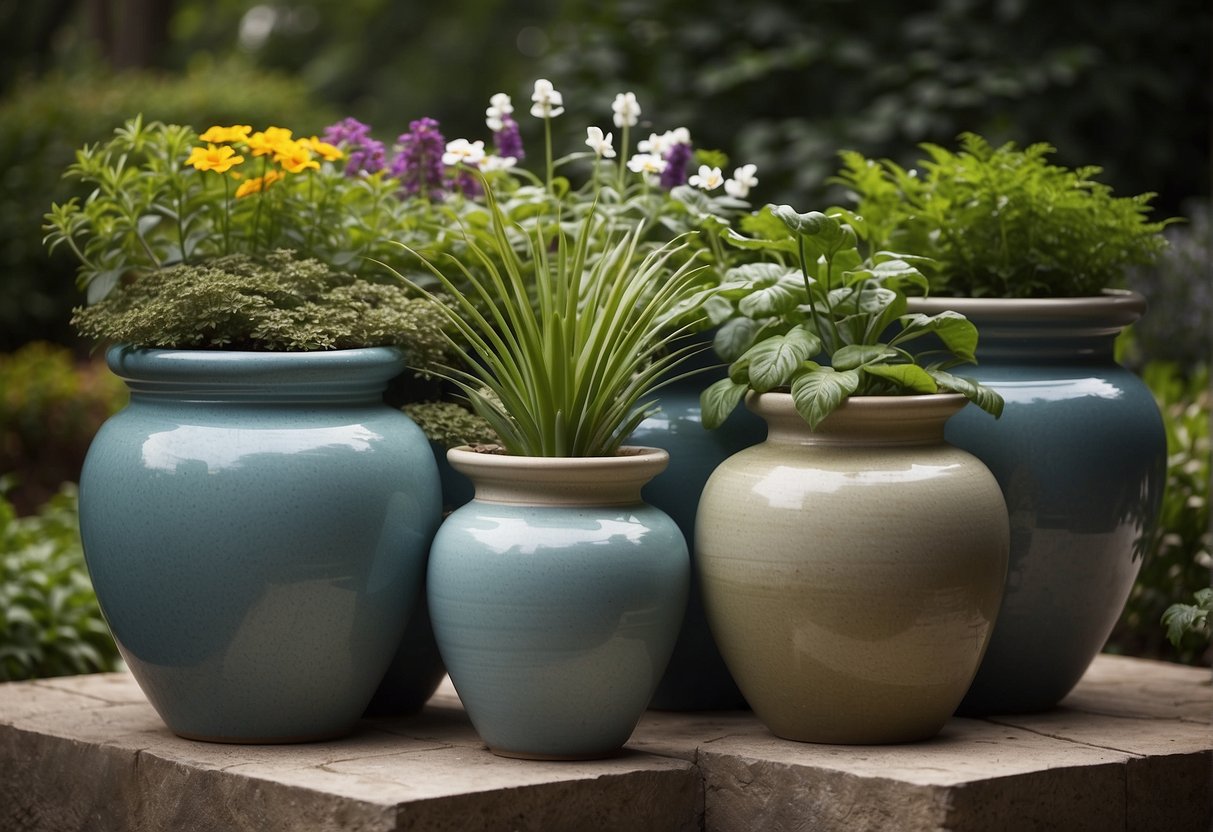 Several large ceramic pots arranged in a garden, varying in size and design, with plants or flowers spilling out of them