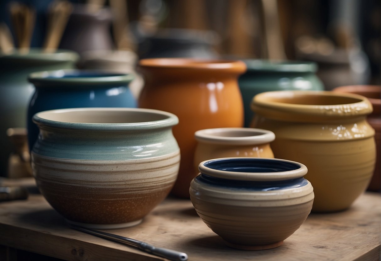 Large ceramic pots being decorated using various techniques. Brushes, sponges, and tools are used to apply glazes, paints, and textures