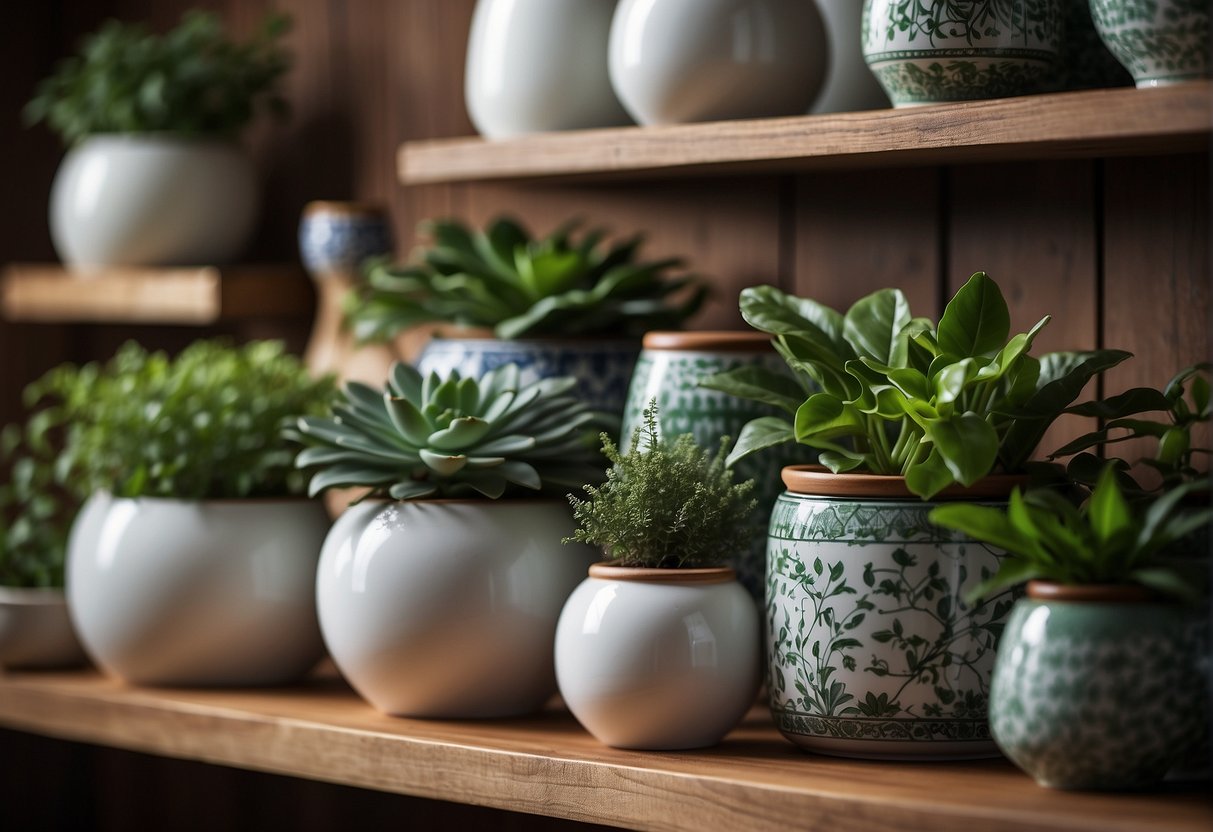 Several porcelain pots of various sizes, shapes, and designs arranged on a wooden shelf, with lush green plants spilling over the edges