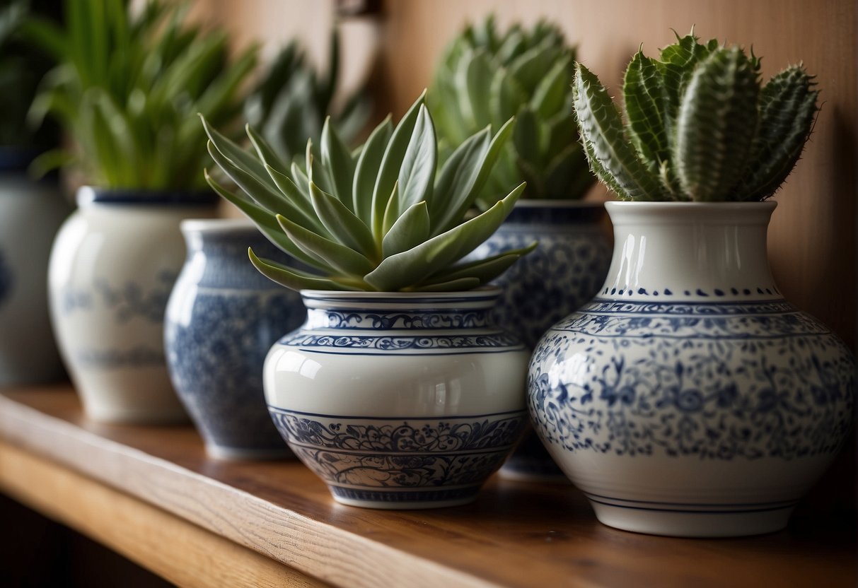 Several porcelain pots of varying sizes and designs are arranged on a wooden shelf, each containing a different type of plant. The pots are neatly organized, creating a visually appealing display