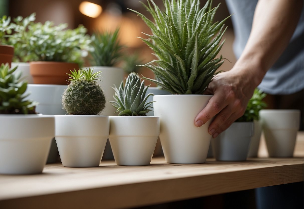 A hand reaches out to select a porcelain pot from a shelf, surrounded by various plant pots