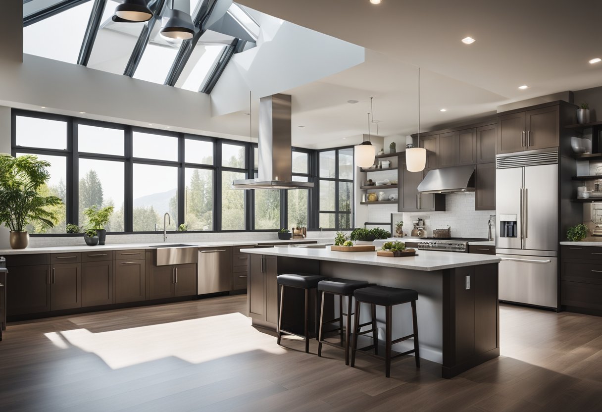 A spacious open concept kitchen with a central island, modern appliances, and ample natural light streaming in from large windows