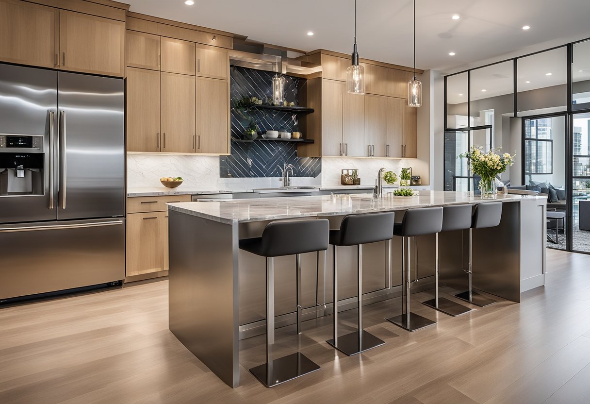 The open concept kitchen features sleek stainless steel appliances, a marble countertop, and light wood cabinets with a glossy finish