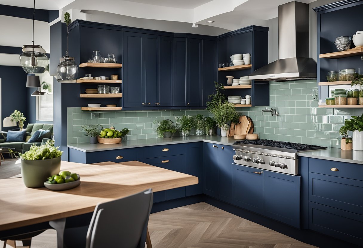 A kitchen with cabinets painted in trending colors: navy blue, sage green, and charcoal gray. Bright natural light illuminates the space