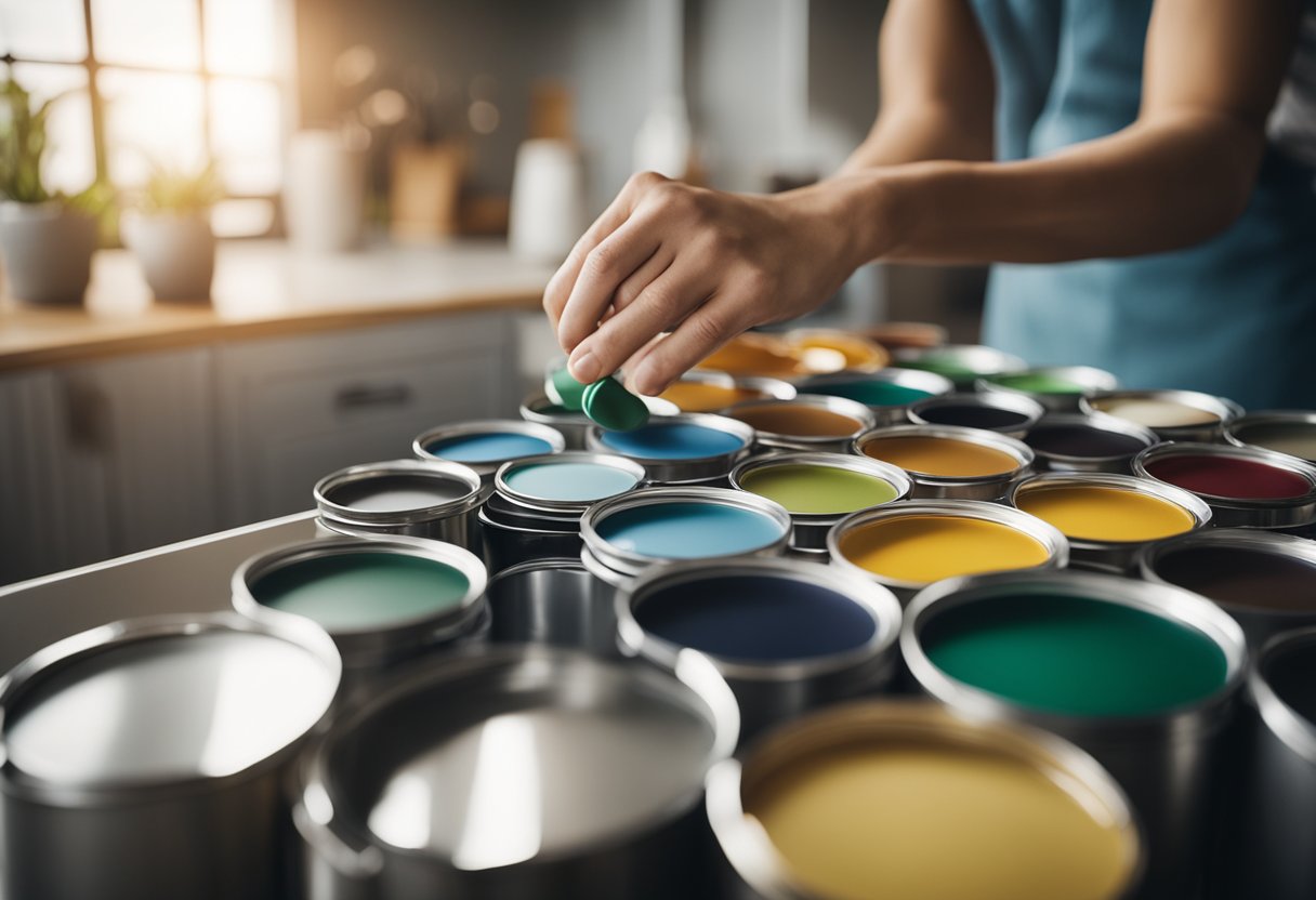 A kitchen with various color swatches and paint cans on the counter, as someone carefully selects the perfect color palette for their cabinet