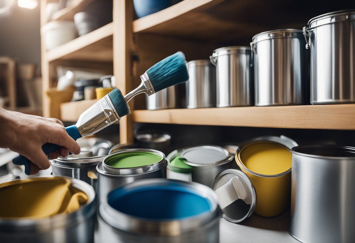 A kitchen cabinet being painted with a brush, surrounded by paint cans and tools. The cabinet is in the process of being transformed with a fresh coat of paint