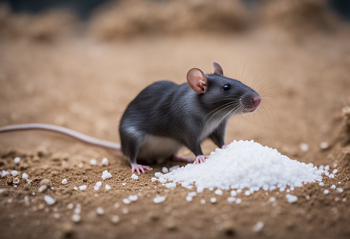 A rat lies lifeless next to a pile of salt, indicating the use of salt as a rodenticide. A caution sign is placed nearby, highlighting safety concerns