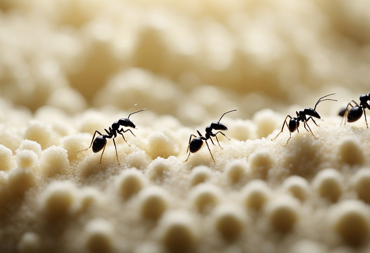 A line of ants approaches a pile of cornstarch. As they come into contact with it, they slow down and eventually stop moving