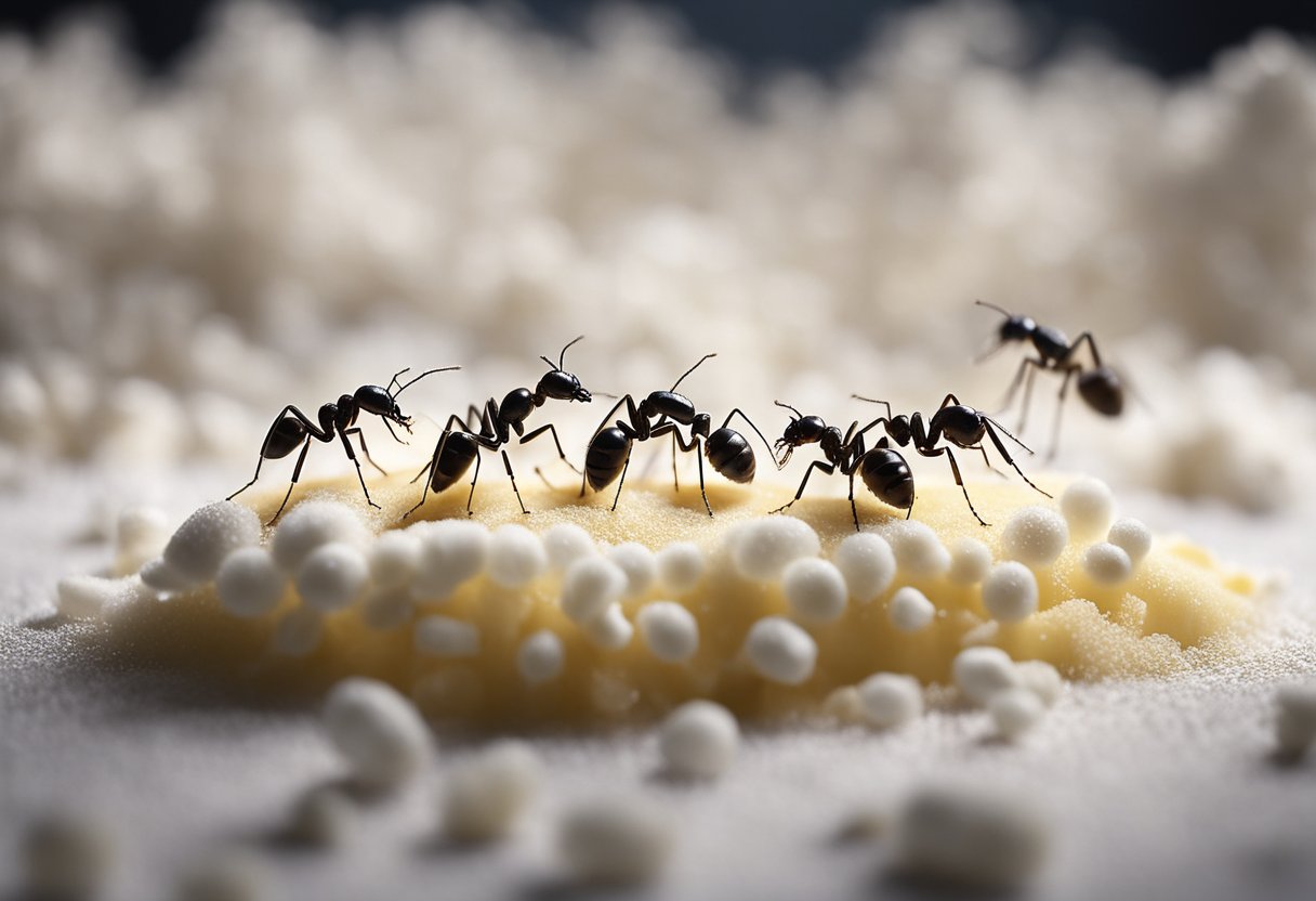 Ants swarm around spilled cornstarch, with some consuming it. Others carry it back to their nest. The infestation appears to be growing