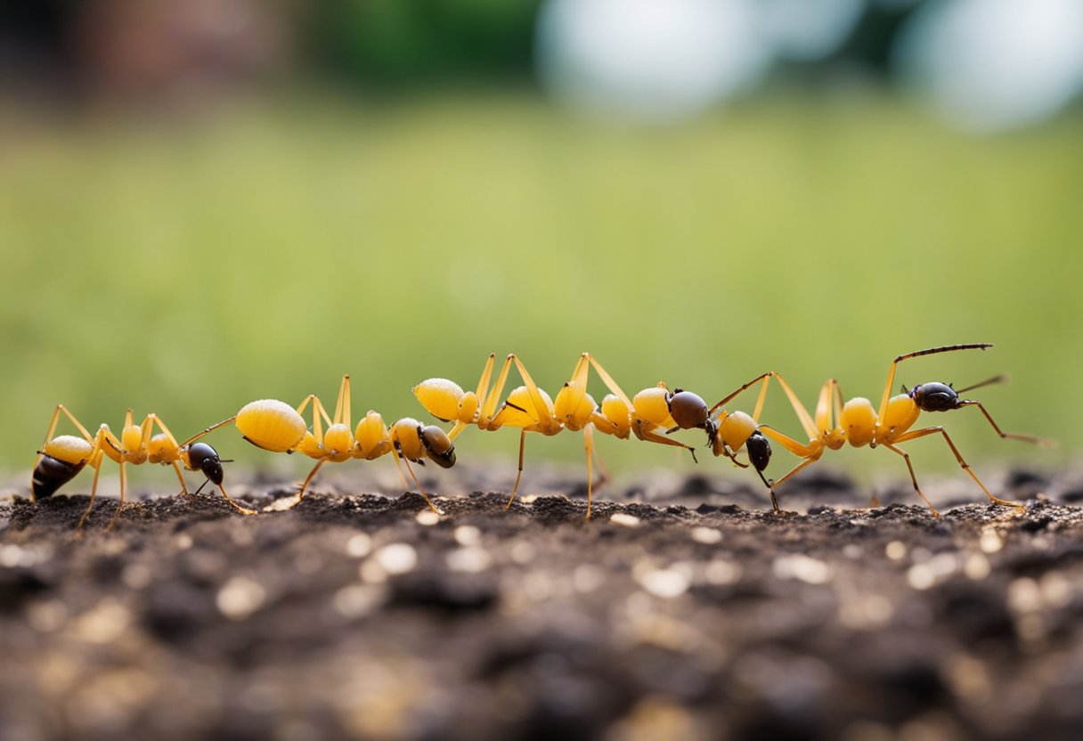 Cornstarch sprinkled in a line, ants approaching and dying upon contact, surrounding area free of ants