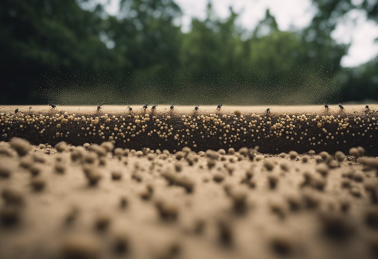 Cornstarch sprinkled on ant trails and entry points, ants avoiding and dying upon contact, creating a barrier