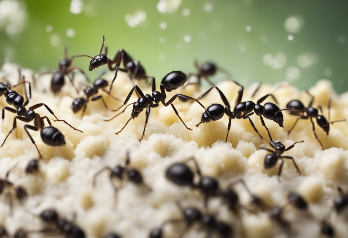 Cornstarch scattered around a line of ants, with dead ants nearby