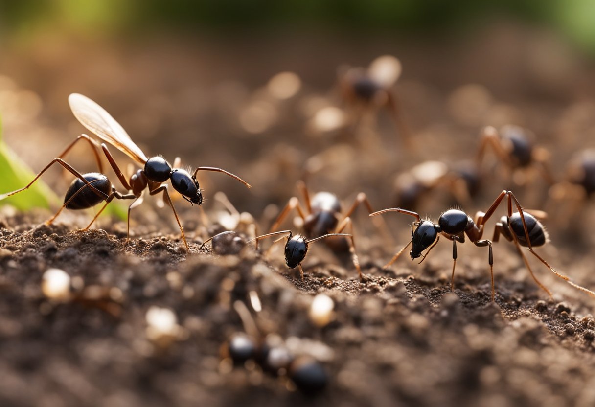 Ants detect chemical signals from dead ants. Illustrate ants using their antennae to sense the scent left by a deceased ant