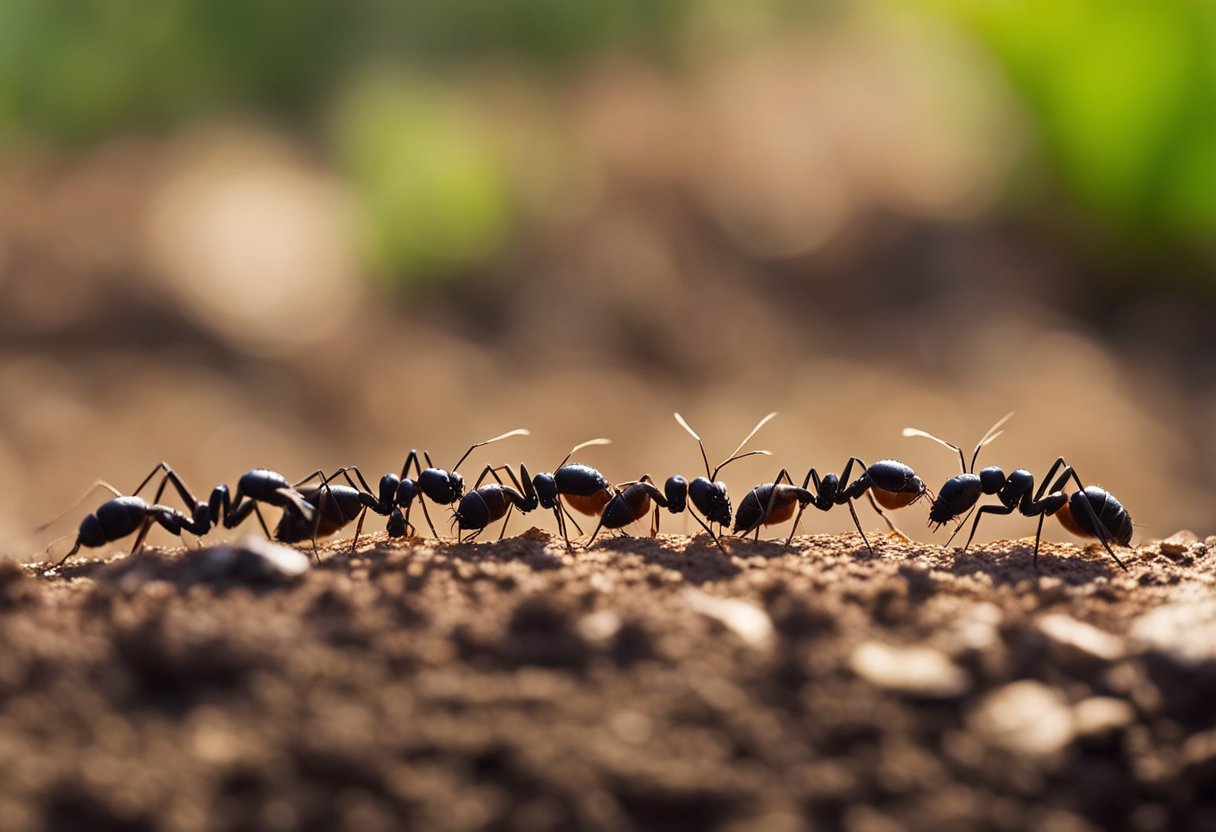 Ants investigate a deceased comrade, detecting chemical signals to comprehend its fate. Other species observe the interaction, intrigued by the ants' olfactory communication