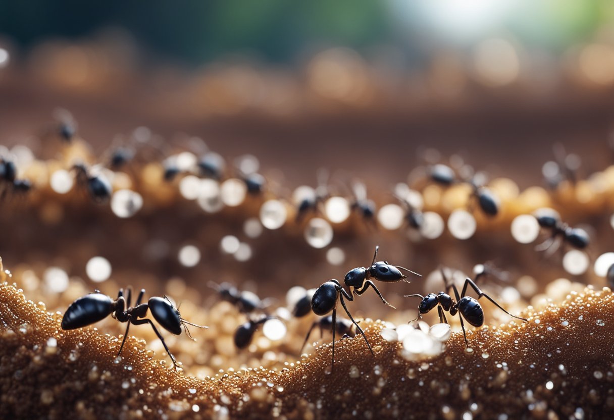 Ants swarm around spilled blood droplets. Seal containers tightly to prevent infestations