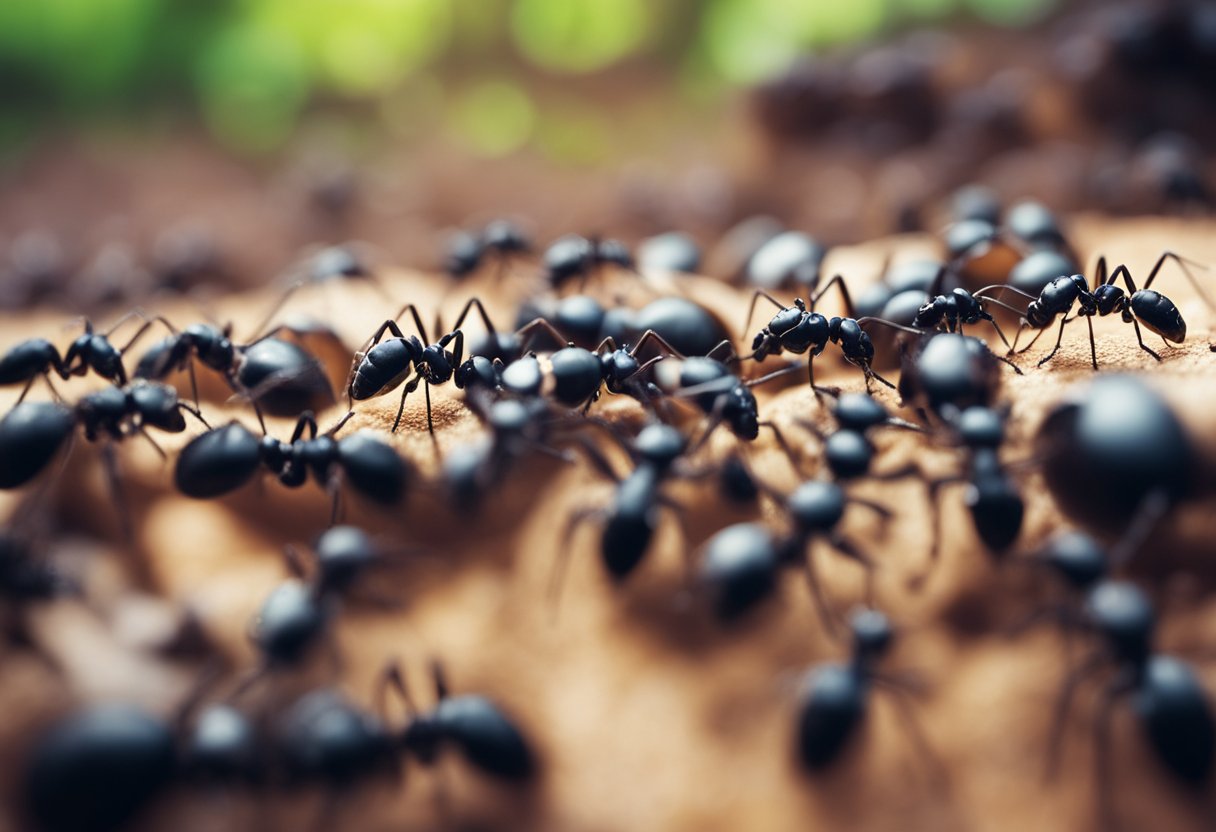 Ants swarm around spilled blood, drawn to the scent. Nearby, containers of alternative ant food sit untouched