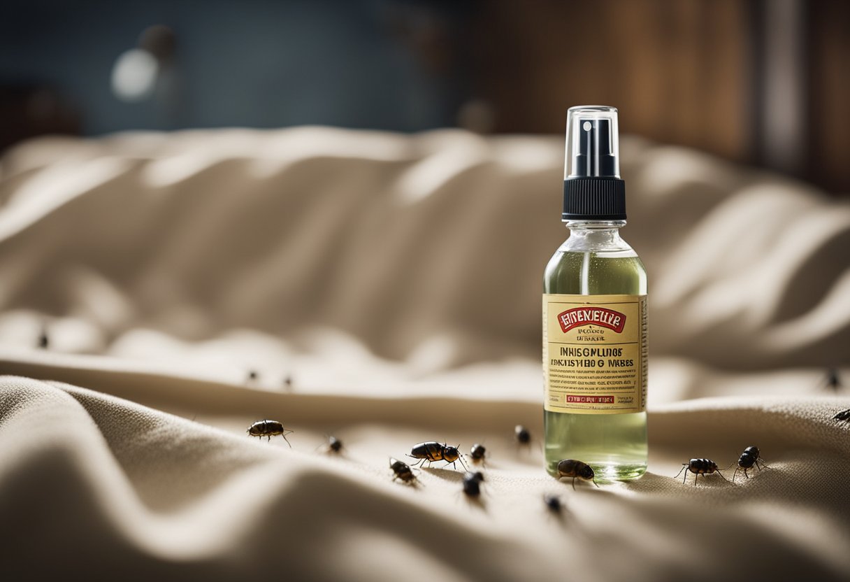 A bottle of vinegar sprays over a bed infested with bugs, killing them