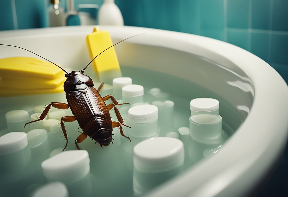 Cockroach in bathtub, surrounded by cleaning supplies. Illustrate safe removal and prevention methods