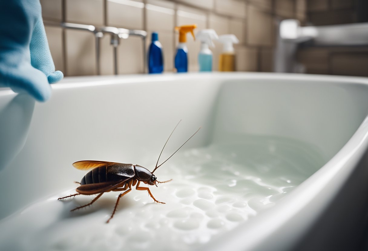 A cockroach in a bathtub, surrounded by cleaning products and a sealed drain. A person wearing gloves and a mask removes the insect using a safe method