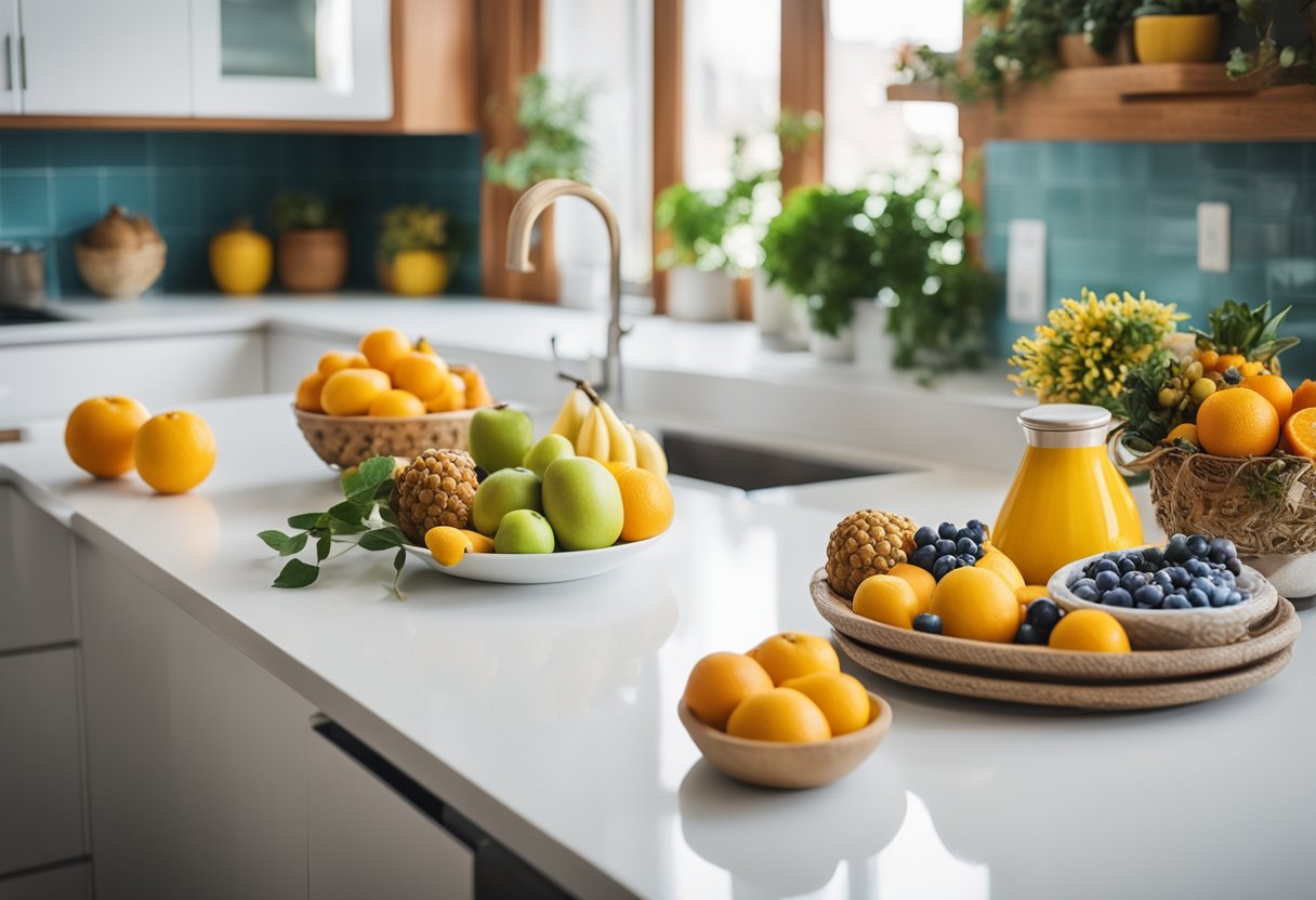 Colorful fruits, flowers, and kitchen utensils scattered on a white countertop. Brightly colored artwork hanging on the walls. Colorful dish towels and decorative items on display