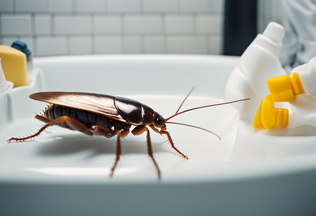 A cockroach is trapped in a bathtub, surrounded by pest control products. A person is safely removing it while others work to prevent infestations