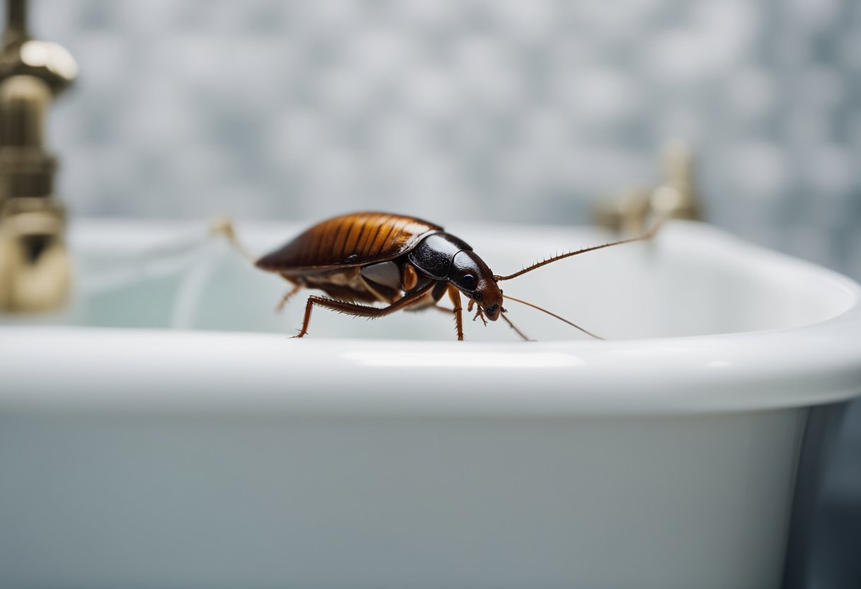 A cockroach scurries in a bathtub. A person uses gloves to safely remove it. Tips for preventing infestations are displayed nearby