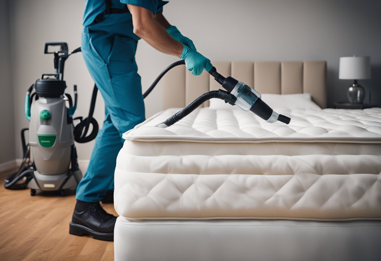 A pest control technician sprays a bed bug infested mattress with insecticide, while using a vacuum to remove any remaining bugs and eggs