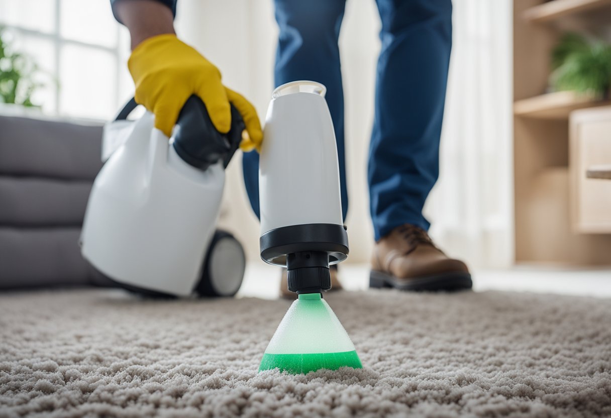 A pest control technician sprays a home's carpet with insecticide to eliminate fleas