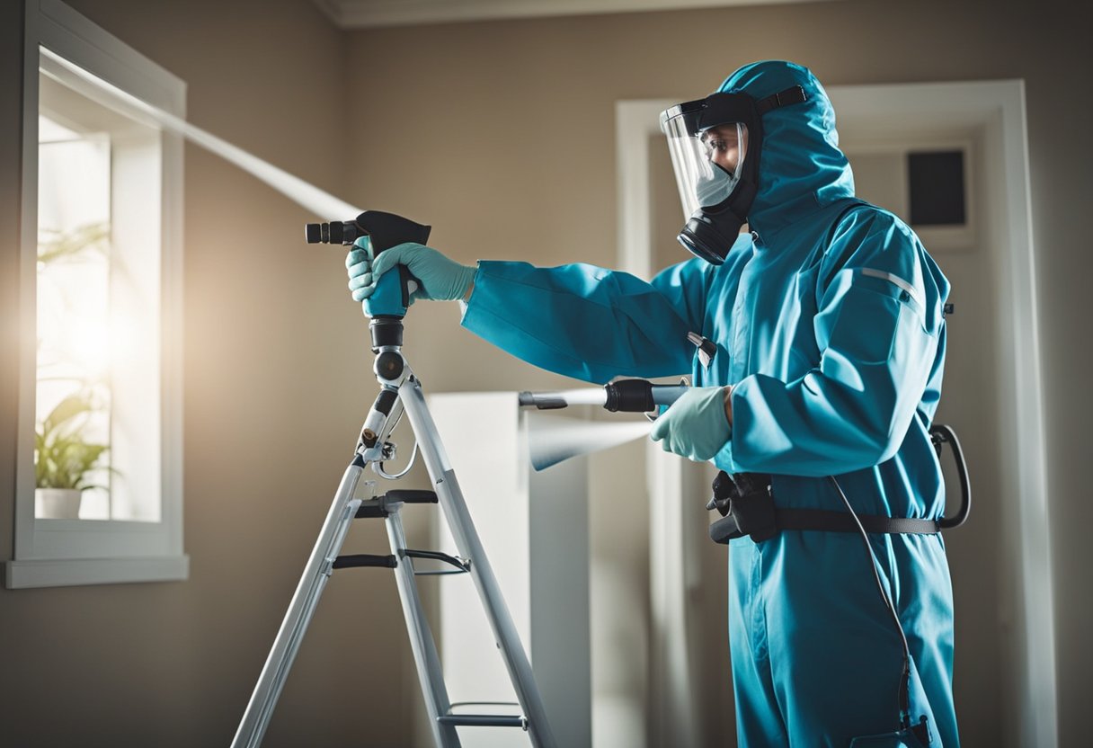 A technician sprays a home's interior and exterior with a pest control solution to prevent fleas