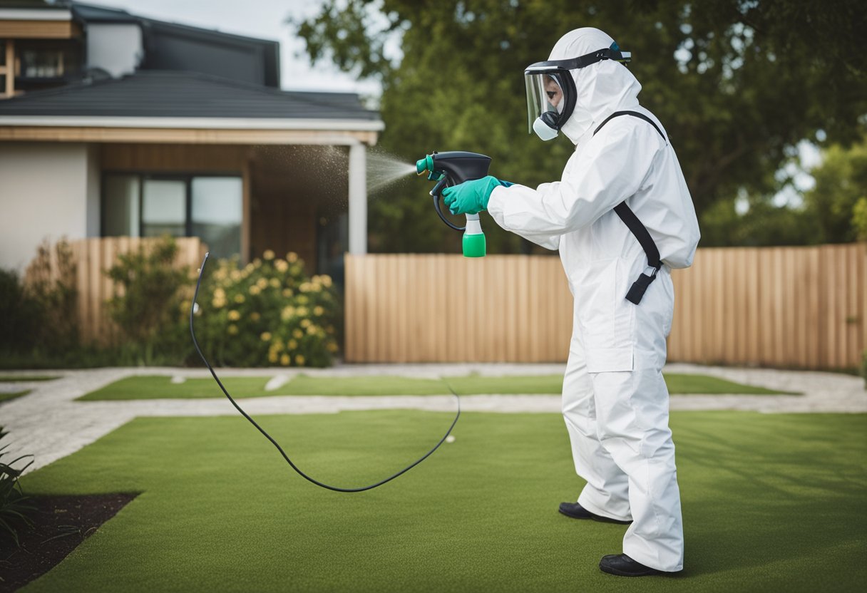 A professional pest control technician sprays a home for fleas, wearing protective gear and using specialized equipment