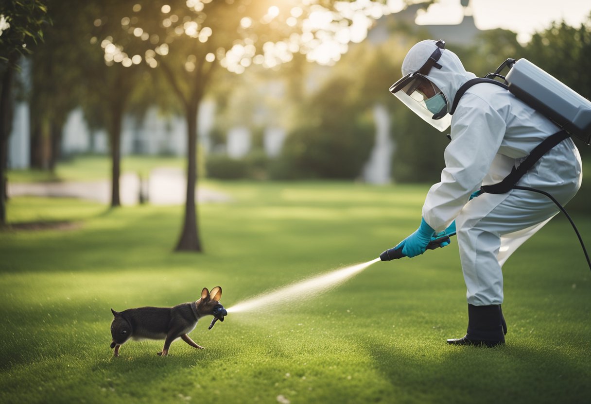 A pest control technician sprays treatment for fleas, then follows up with inspection and monitoring