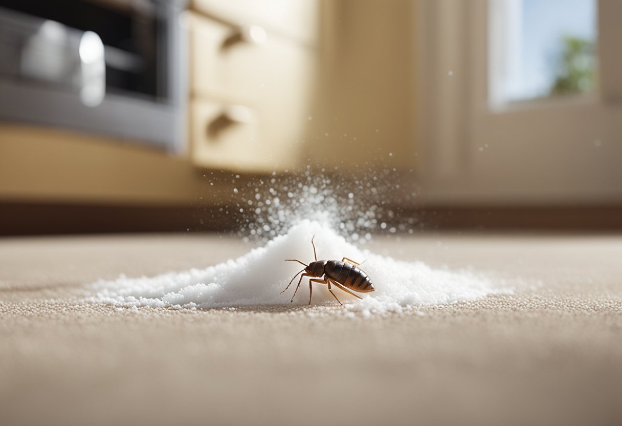 Borax powder sprinkled around a kitchen baseboard, with scattered dead cockroaches and a few struggling ones