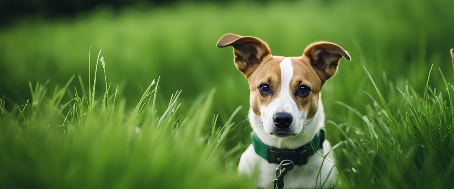 A dog surrounded by green grass, with a concerned expression, as it chews on the blades. Nearby, a list of alarming reasons for dogs eating grass
