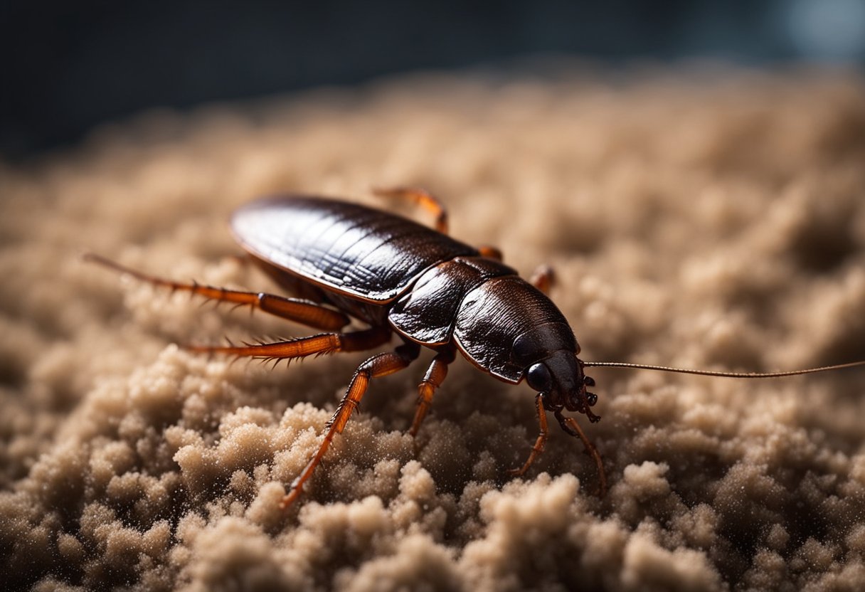 Cockroach infestations targeted with borax. Sprinkled powder near cracks and corners. Dead roaches scattered