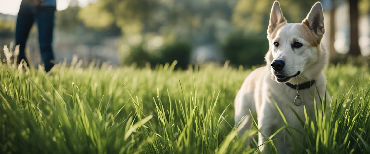 A dog surrounded by various types of grass, with a concerned owner looking on. The dog is shown eating the grass, while the owner looks worried about the potential nutritional deficiencies causing this behavior