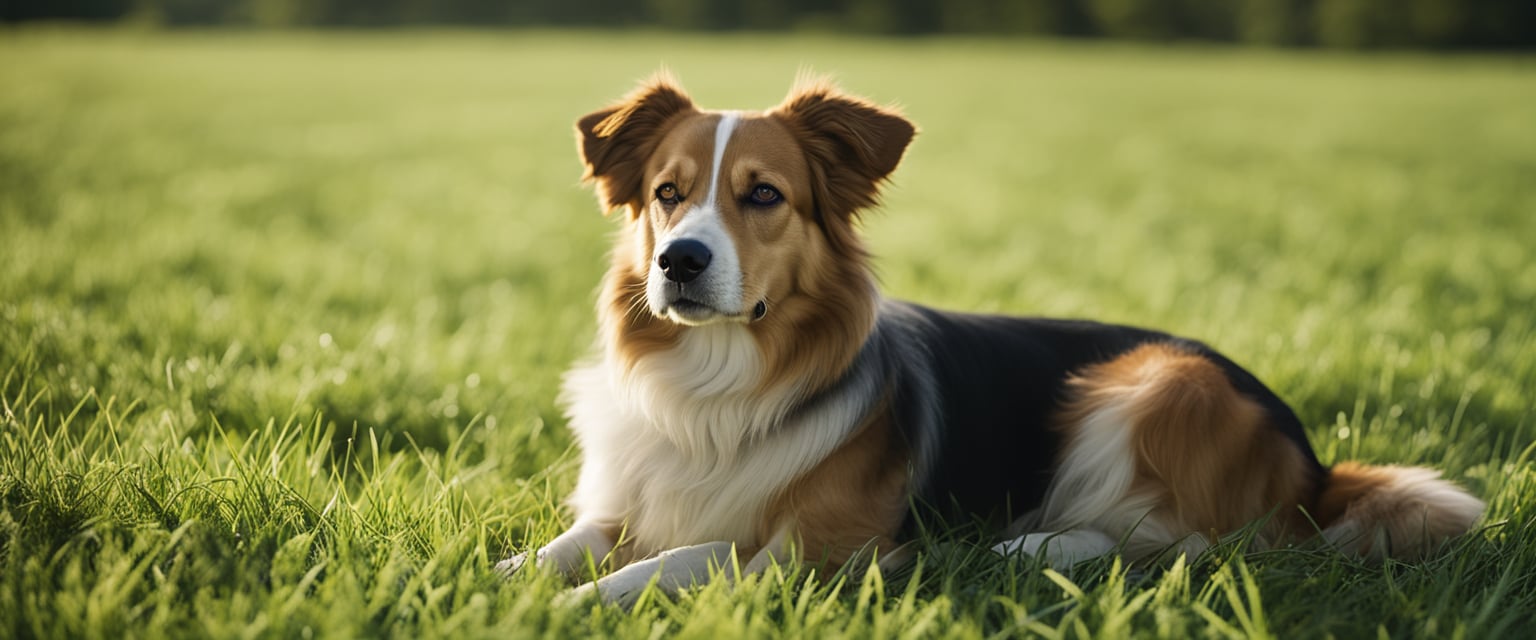 A dog peacefully lying in a grassy field, surrounded by various types of grass. The dog appears calm and content, with no signs of distress or discomfort