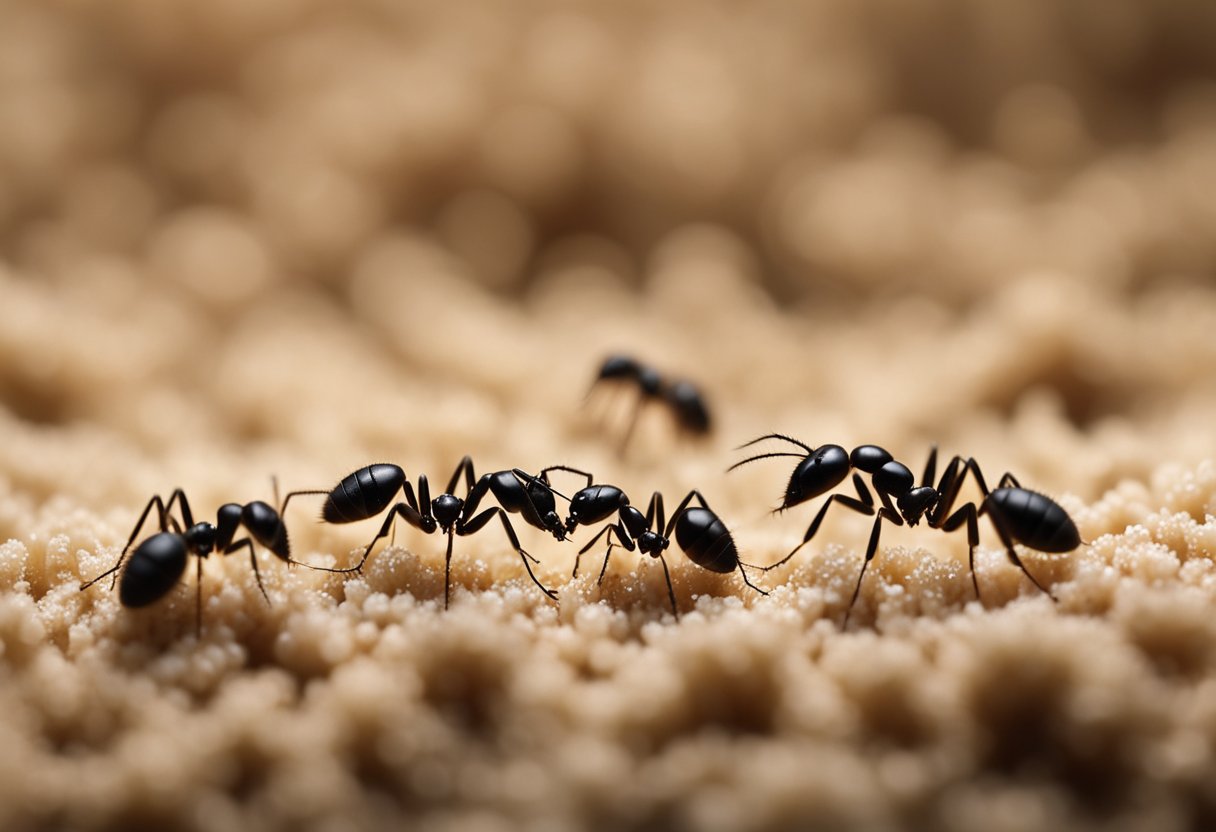 Tiny ants crawl across a textured carpet, weaving in and out of the fibers as they search for food and communicate with each other