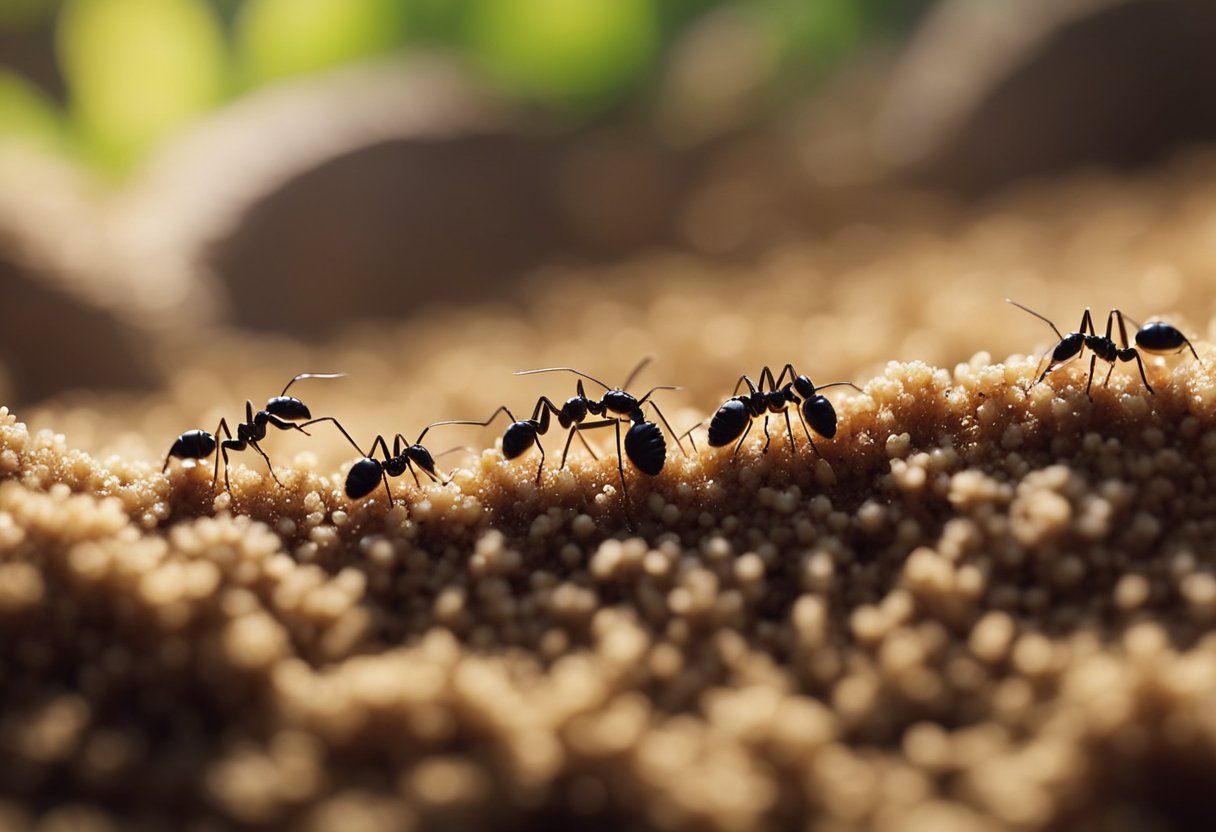 Ants crawl through fibers of a plush carpet, leaving behind visible trails of their movement. Tiny crumbs and food particles attract the insects, while warm temperatures and moisture contribute to their presence