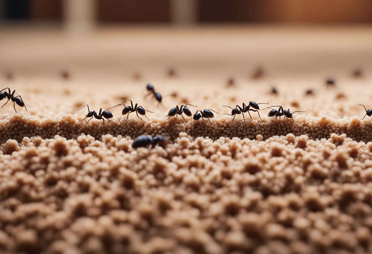 Ants crawl in a carpet, while a person sprays insecticide and vacuums. A barrier of cinnamon and vinegar is applied to prevent future infestations